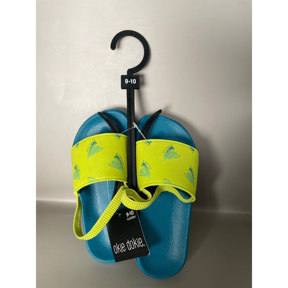 Okie Dokie Toddler Sandals Blue Neon Lime Green Shark Slides Backstrap 9-10 NEW
